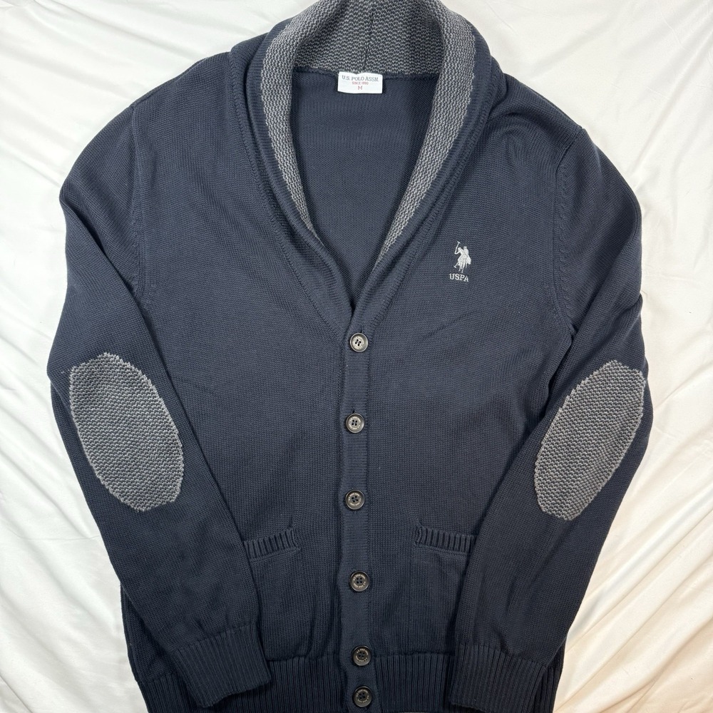U.S. Polo Assn. Men's Navy Gray Cardigan Sweater Button Elbow Patch M